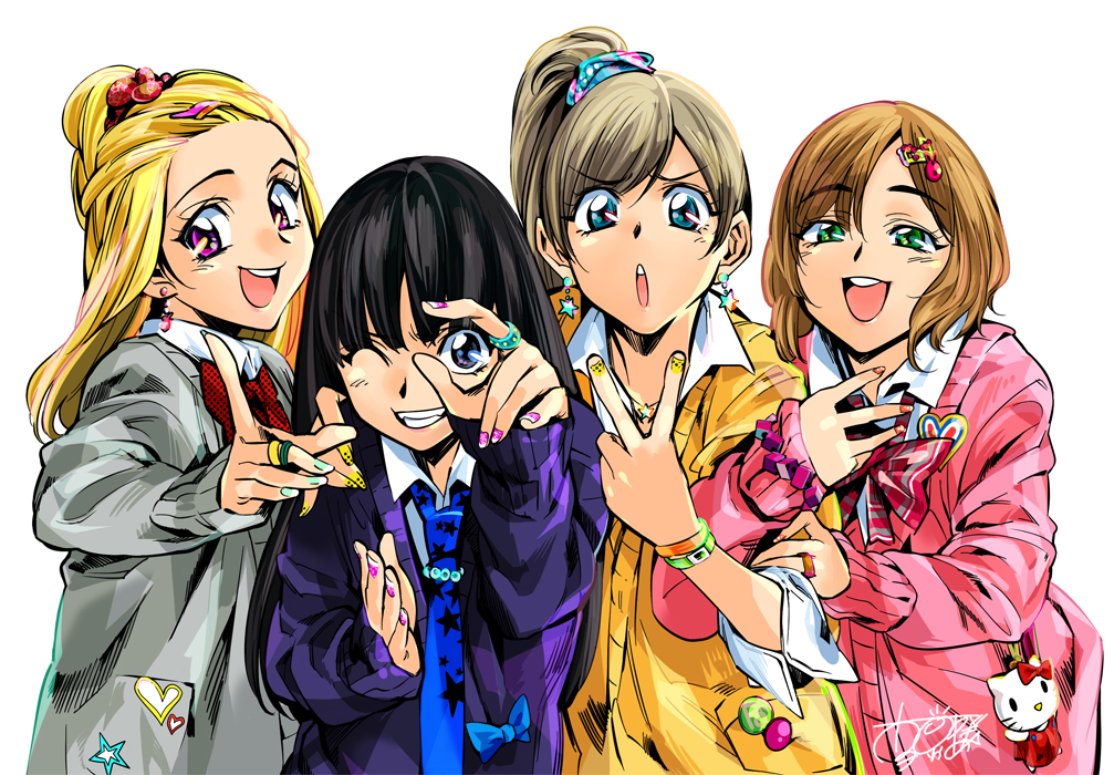 arm_hug, black_hair, blonde_hair, blue_eyes, bracelet, brown_hair, earrings, fashion, grin, hair_ornament, hairclip, happy, jewelry, kogal, long_hair, multiple_girls, nail_polish, necktie, original, pink_eyes, ring, school_uniform, smile, snika, sweater, v, wink