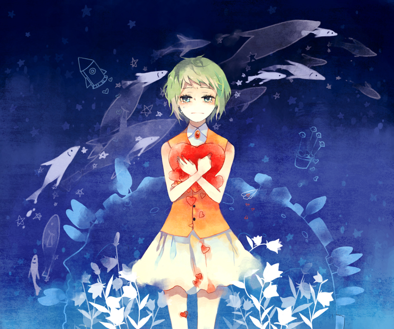 bare_shoulders, campanella_(vocaloid), dolphin, fish, flower, green_eyes, green_hair, gumi