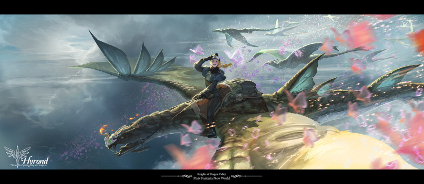 1girl, blonde_hair, blue_eyes, butterfly, dragon, flying, highres, long_hair
