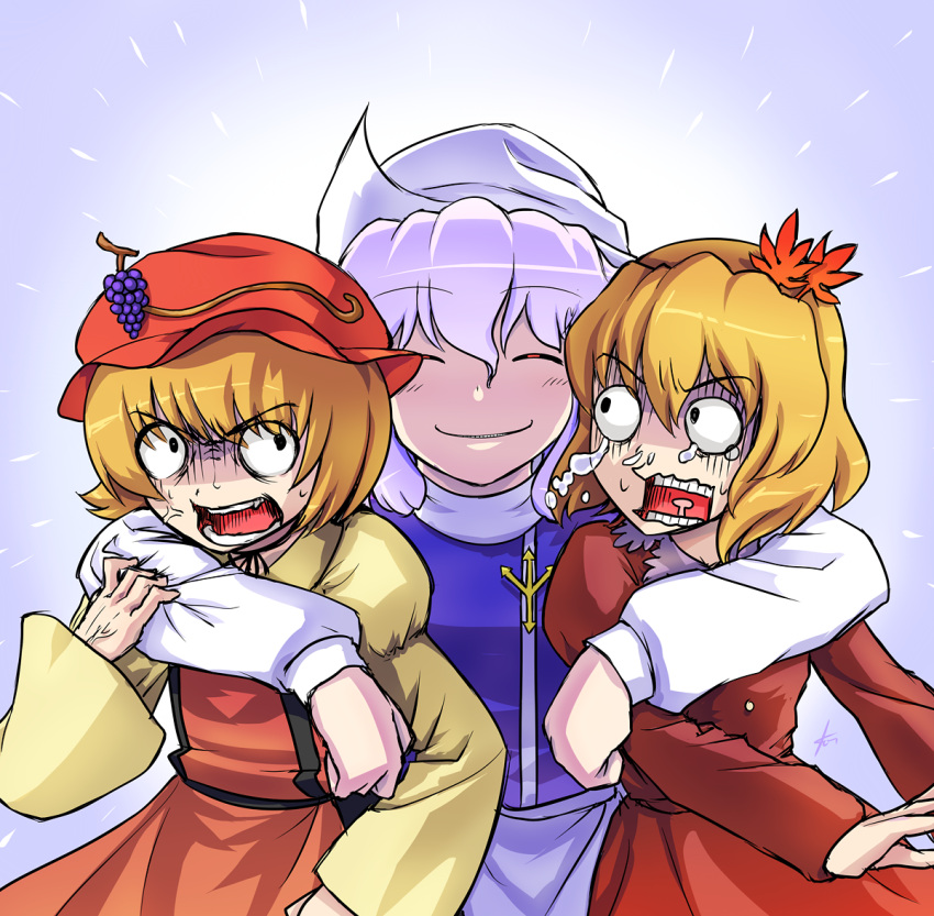 aki_shizuha, arm_around_neck, black_sclera, creepy, ebizome, evil_grin, evil_smile, grin