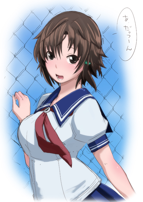 1girl, blush, brown_eyes, brown_hair, eroquis, fence, hair_ornament, hairpin