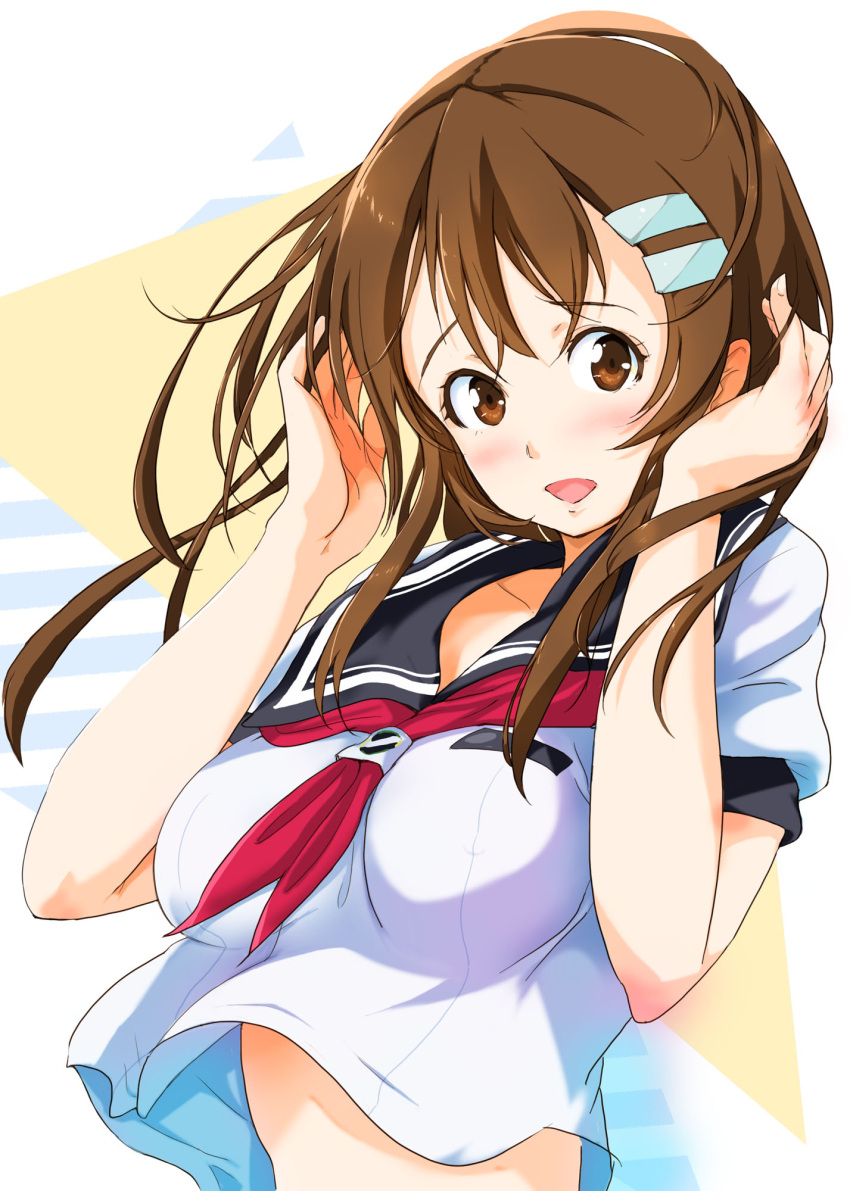 1girl, blush, brown_eyes, brown_hair, collarbone, hair_ornament, hairpin, highres