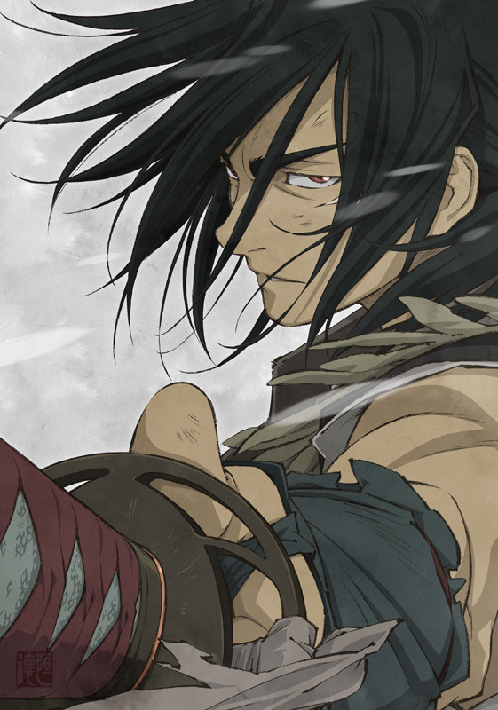 1boy, black_hair, nanashi_(stranger), red_eyes, solo, stranger_mukou_hadan, sword, weapon