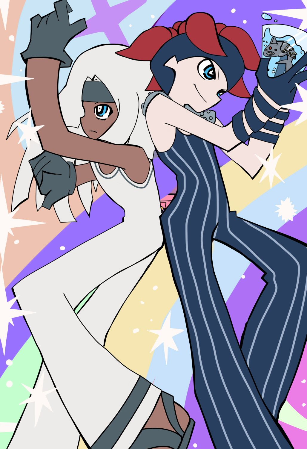 2boys, blue_eyes, clash_(stand), dark_skin, headband, highres, jojo_no_kimyou_na_bouken, multiple_boys