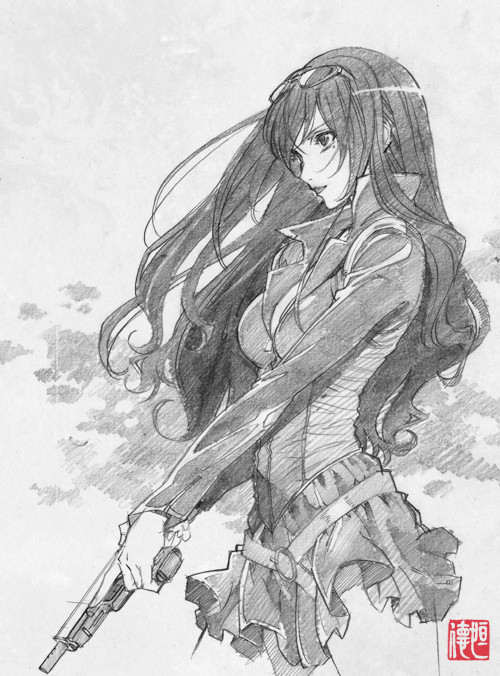 1girl, belt, evangeline_yamamoto, graphite_(medium), gun, handgun, mole, monochrome