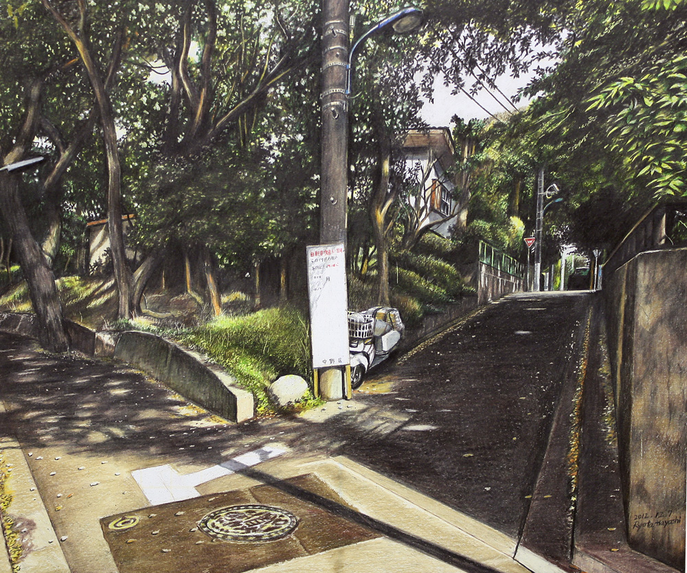 dated, grass, house, lamppost, leaf, manhole, moped, no_humans
