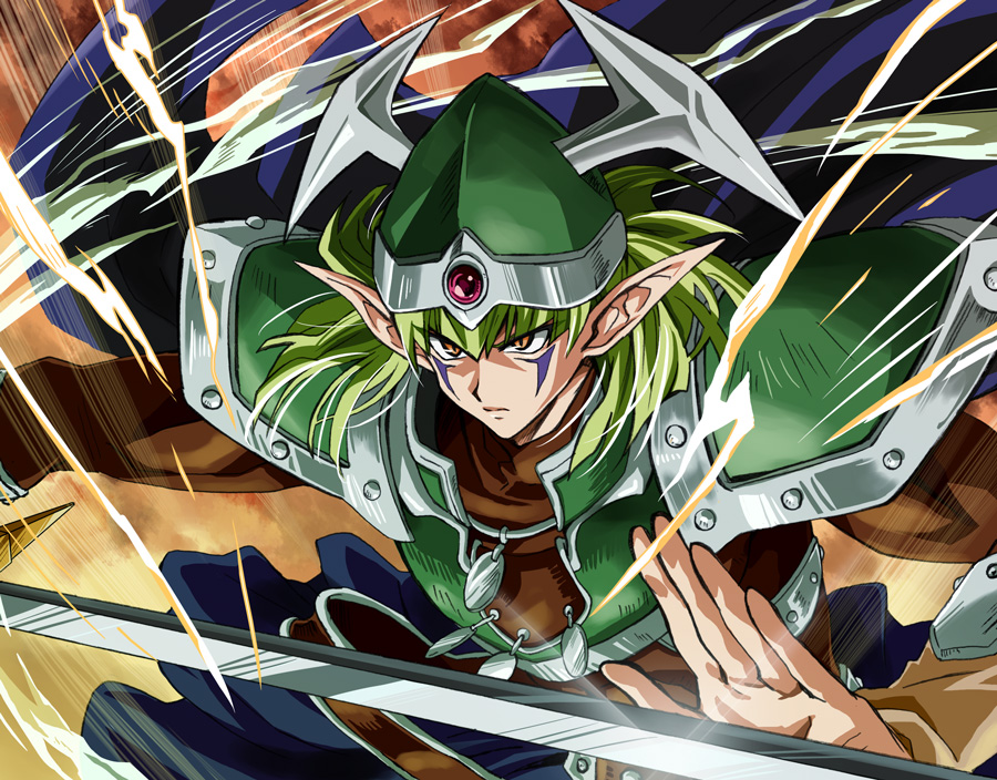 1boy, armor, celtic_guardian, duel_monster, green_hair, hat, helmet, mer03, orange_eyes, pointy_ears, slit_pupils, solo, sword, tattoo, weapon, yuu-gi-ou
