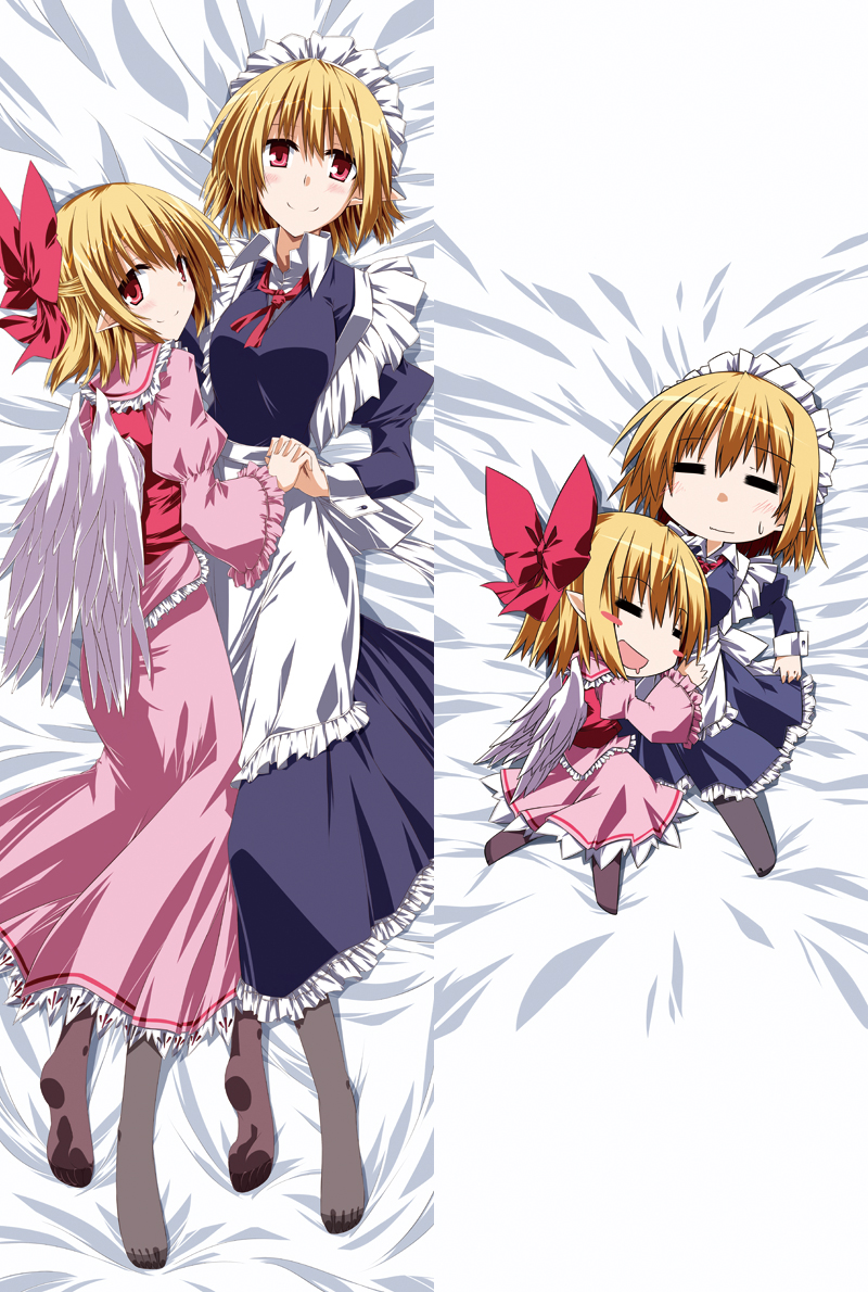 2girls, angel_wings, apron, black_legwear, blonde_hair, blue_dress, bow, chibi