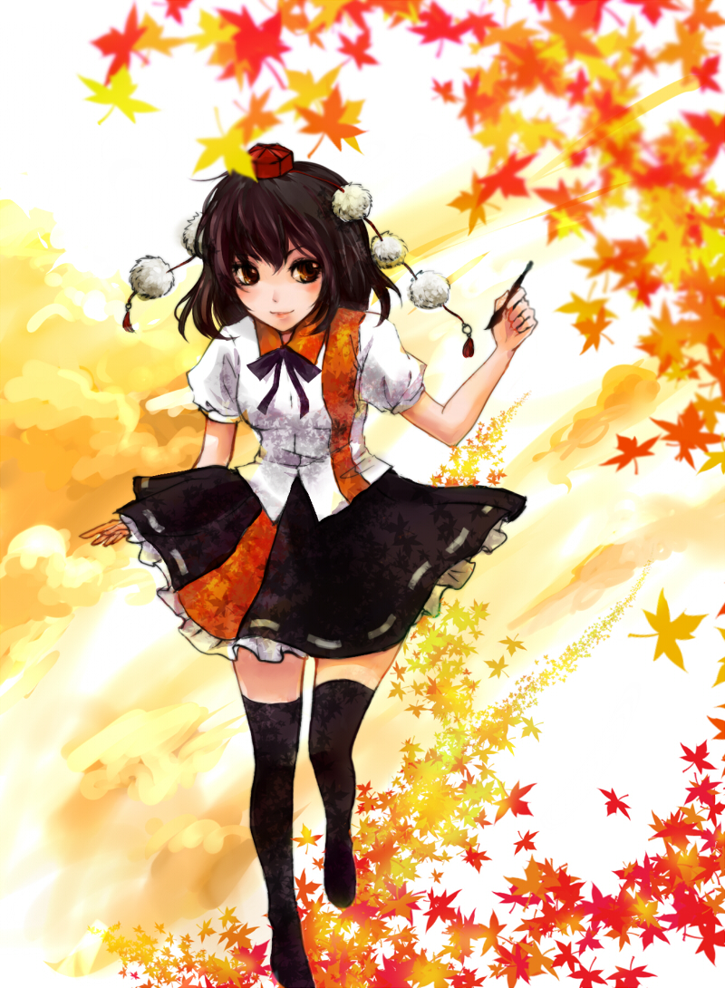 black_hair, black_legwear, blush, brown_eyes, even_(artist), hat, leaf, maple_leaf