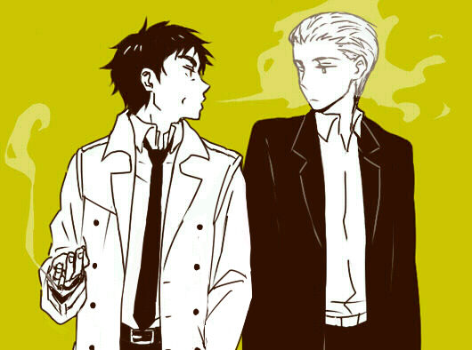 2boys, android, brown_hair, coat, detective, elijah_baley, kurosuke_(nora), multiple_boys, necktie, r_daneel_olivaw, smoking, the_caves_of_steel