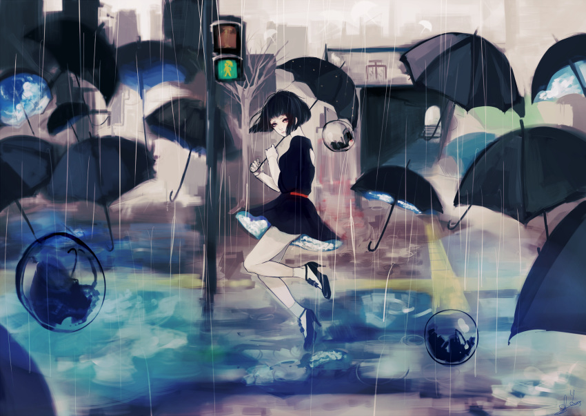 1girl, black_dress, black_eyes, black_hair, bubble, dress, floating, highres