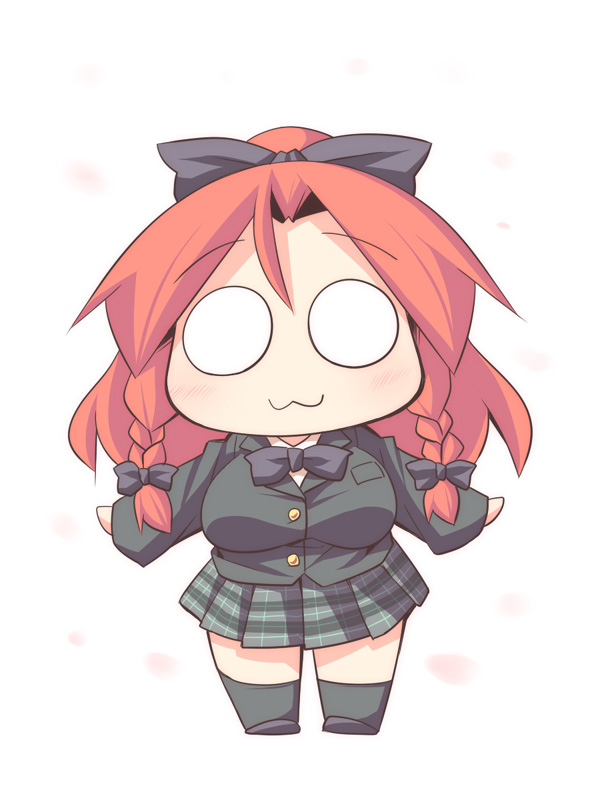 :3, alternate_costume, bow, braid, breasts, chibi, hair_net, hair_ribbon, hong_meiling, large_breasts, long_hair, long_sleeves, o_o, outstretched_arms, petals, redhead, ribbon, school_uniform, shirt, simple_background, skirt, solo, touhou, twin_braids, ushi, white_background