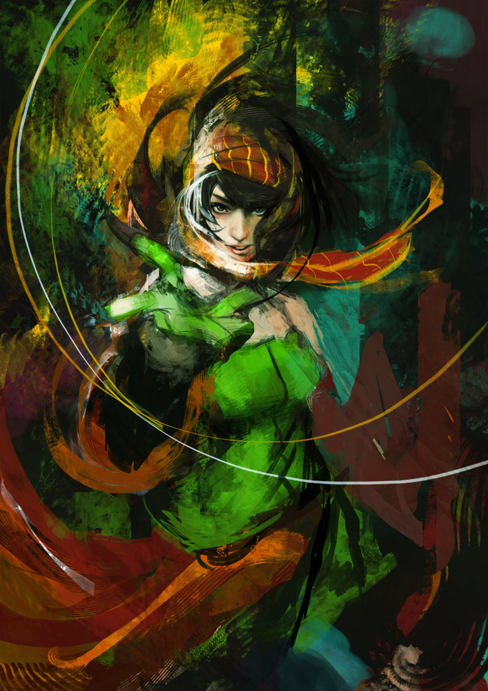 1girl, bandana, black_hair, brown_eyes, gloves, lips, mina_(the_iconoclasts), muju