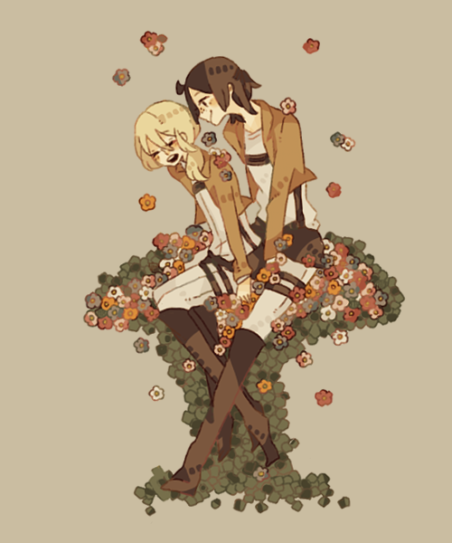 2girls, blonde_hair, blush, brown_hair, christa_renz, couple, flower, ie_(niwaniwa)
