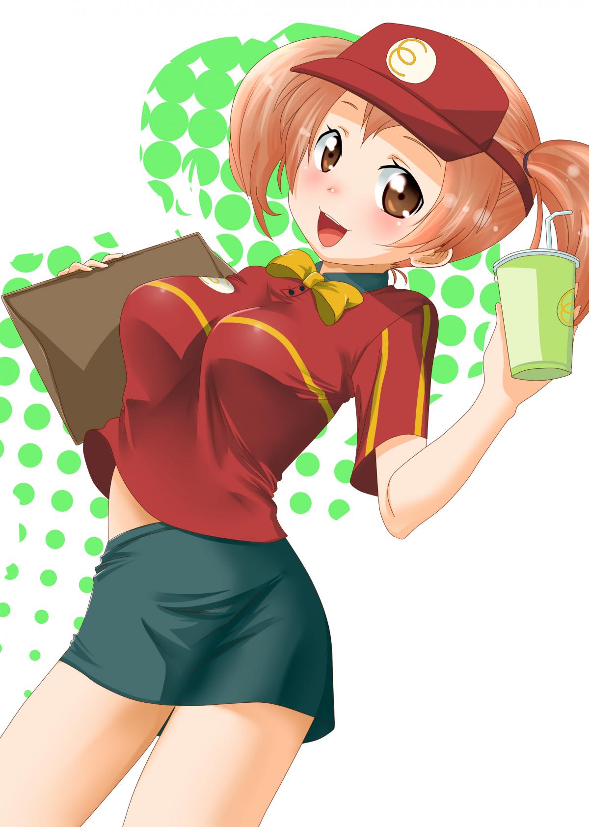 1girl, bowtie, breasts, brown_eyes, brown_hair, drink, hataraku_maou-sama!, highres, impossible_clothes, impossible_shirt, large_breasts, mcdonald's, miniskirt, ryuc4883, sasaki_chiho, short_twintails, skirt, smile, solo, t-shirt, tray, twintails, uniform, visor_cap