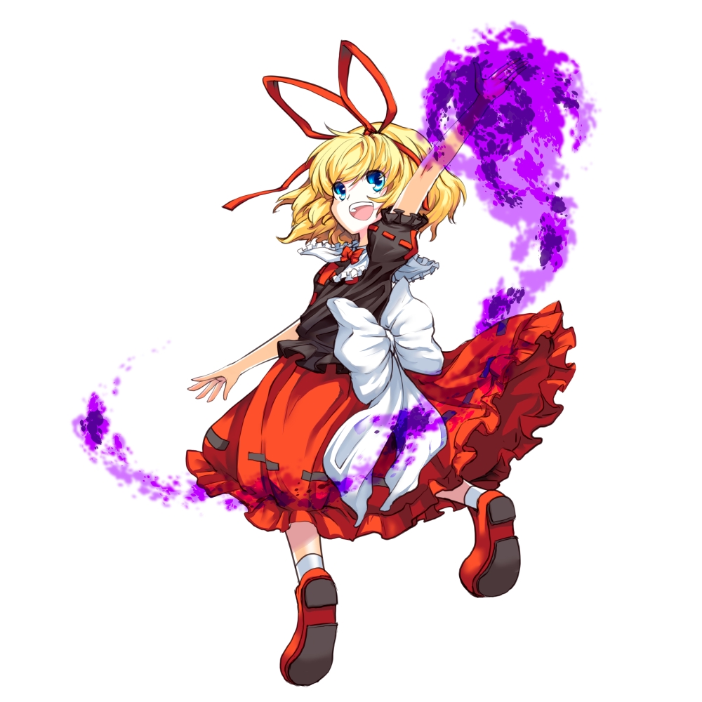1girl, arm_up, blonde_hair, blue_eyes, bow, hair_ribbon, medicine_melancholy, miranko, puffy_sleeves, red_shoes, ribbon, sash, shirt, shoes, short_sleeves, simple_background, skirt, solo, touhou, white_background