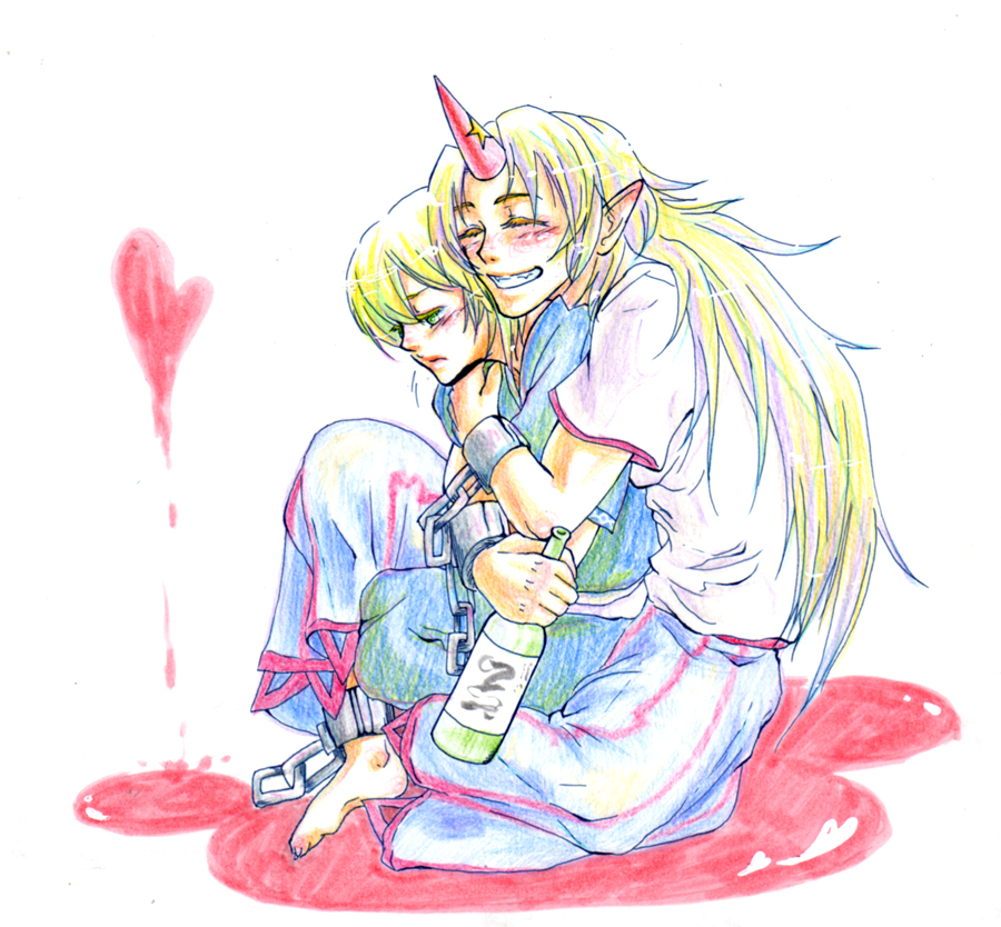 barefoot, blonde_hair, bottle, closed_eyes, colored_pencil_(medium), cuffs, daken_(artist), dress