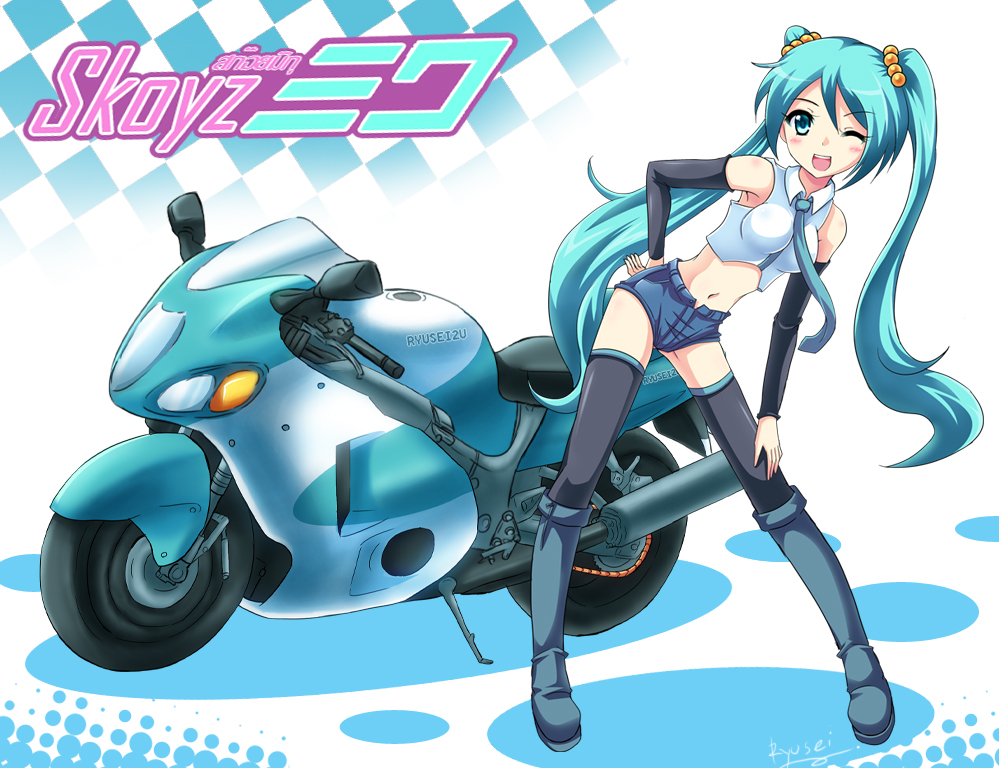 1girl, artist_name, boots, character_name, detached_sleeves, hand_on_hip, hatsune_miku, knee_boots