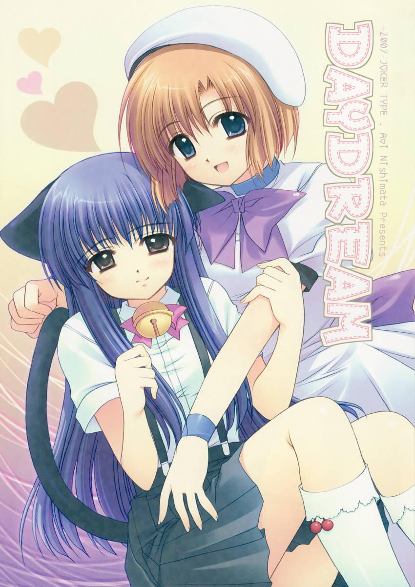 bell, black_eyes, blue_eyes, blue_hair, blush, bow, dress, flat_chest