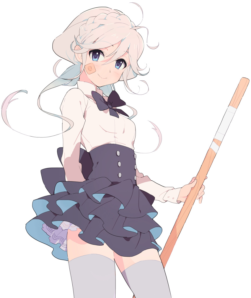 1girl, absurdres, ahoge, arm_behind_back, bandaid, blue_eyes, blush, braid