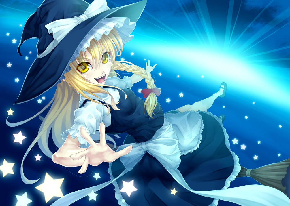 aka_(shoumae), bad_id, blonde_hair, bow, broom, fang, hair_bow, hat