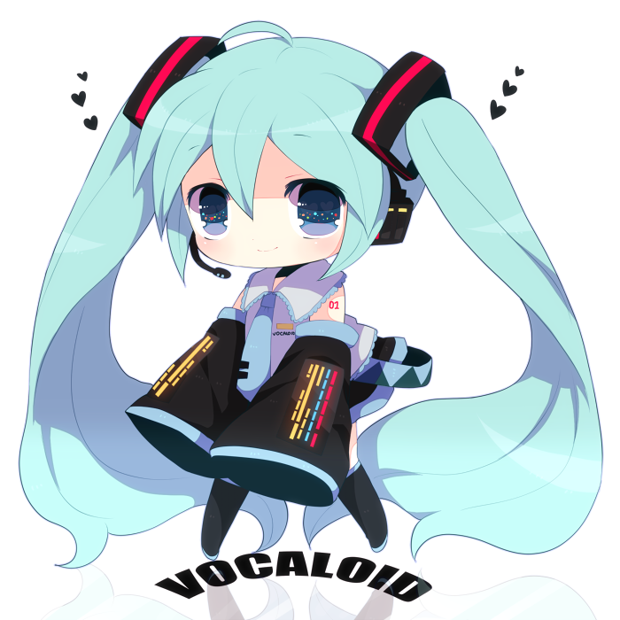 1girl, blue_eyes, blue_hair, chibi, detached_sleeves, haru431, hatsune_miku, headset