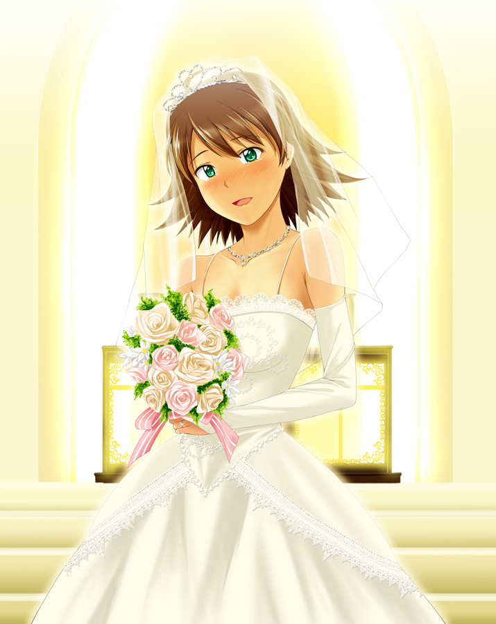 blush, bouquet, bridal_veil, bride, brown_hair, dress, elbow_gloves, flower