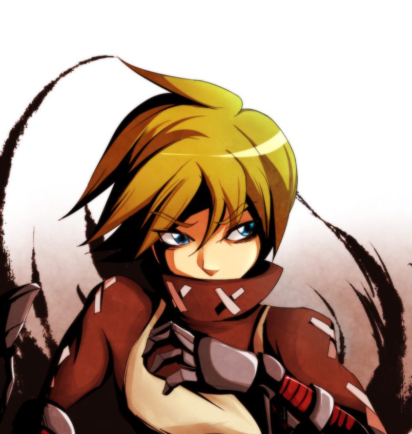 1boy, blonde_hair, blue_eyes, gauntlets, leduc_(skullgirls), popped_collar, short_hair, shotlancer, skullgirls, solo