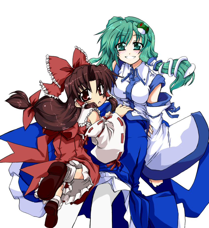 :<, brown_hair, detached_sleeves, frog, green_eyes, green_hair, hair_ornament, hakurei_reimu, highres, japanese_clothes, kamitsuki_shion, kochiya_sanae, long_hair, multiple_girls, red_eyes, shion124203, snake, takana_shinno, touhou