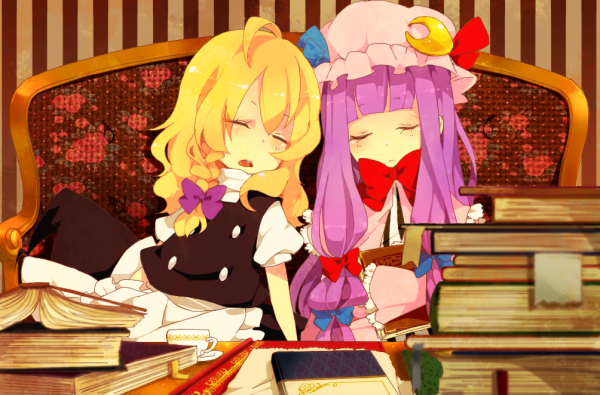 2girls, blonde_hair, book, braid, closed_eyes, couch, cup, hat