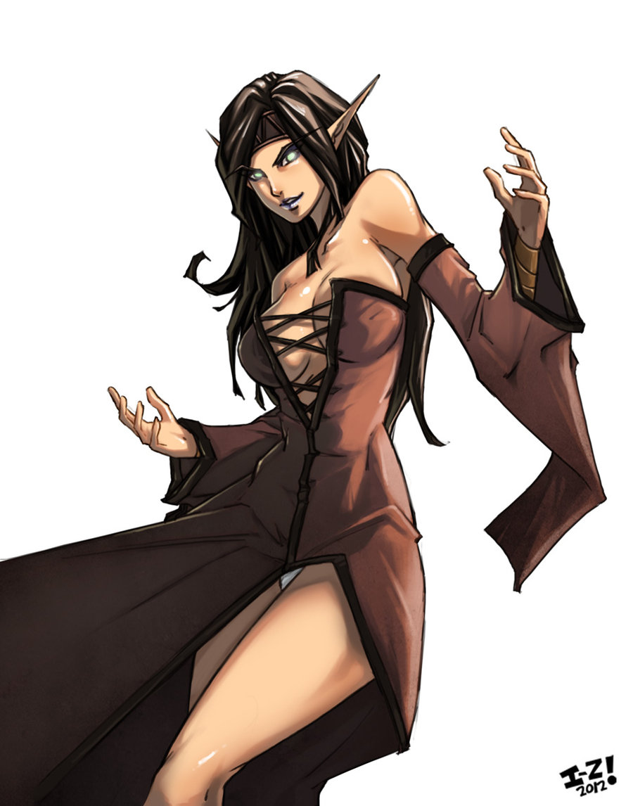 1girl, black_hair, breasts, cleavage, detached_sleeves, dota_2, dress, green_eyes