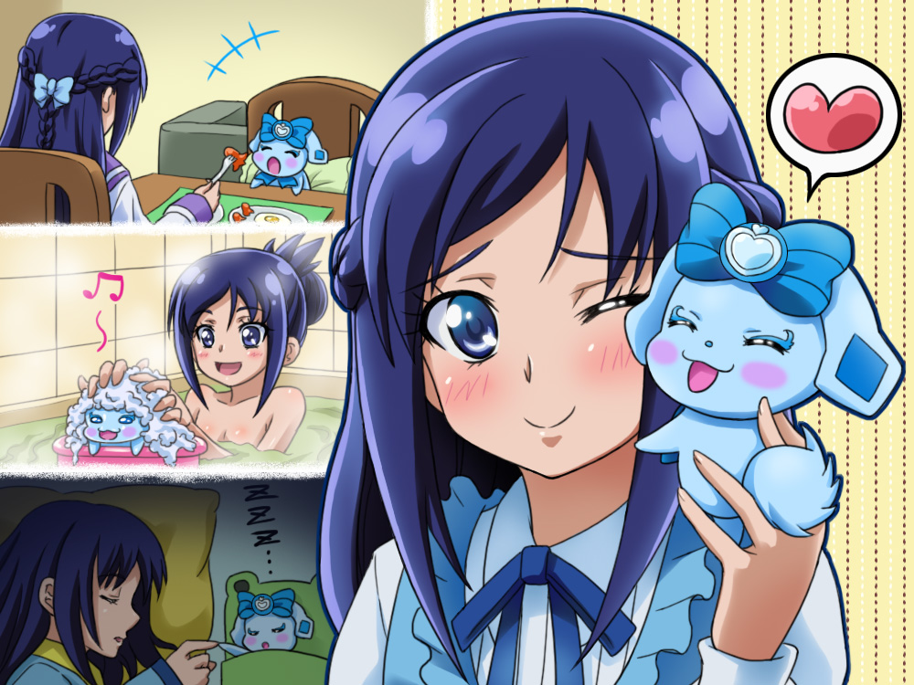 1girl, bath, bathing, bed, blue_eyes, blue_hair, blush, dokidoki!_precure