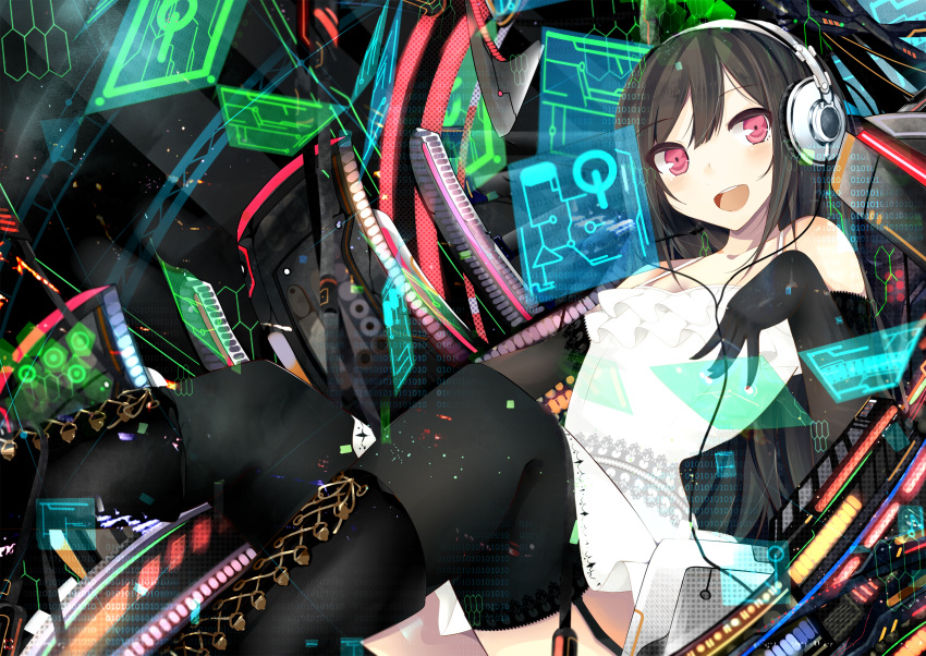 1girl, absurdres, bare_shoulders, black_hair, black_legwear, blush, boots, dress
