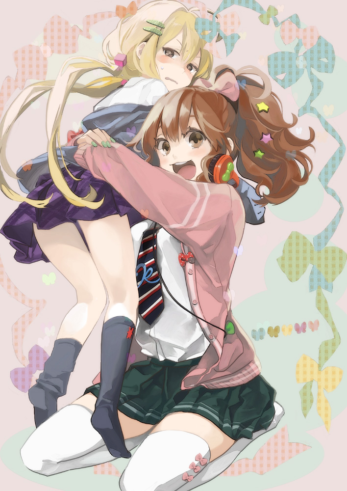 :d, bike_shorts, blonde_hair, brown_eyes, brown_hair, cable, frown, futaba_anzu
