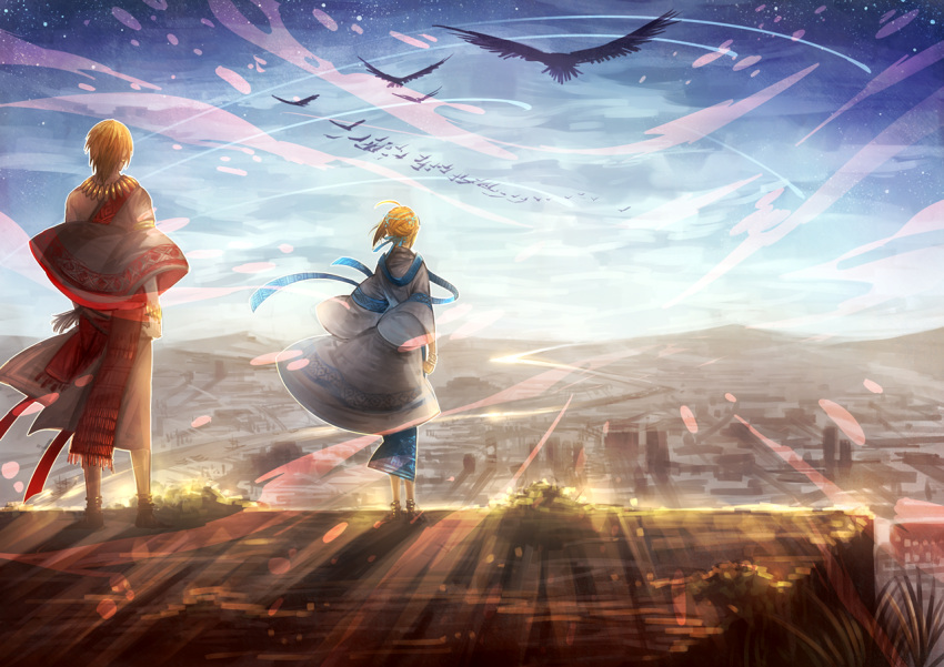 1boy, 1girl, ahoge, armlet, bird, blonde_hair, bracelet, fate/stay_night, fate_(series), from_behind, gilgamesh, jewelry, lilin99jh, necklace, robe, saber, sky, toga