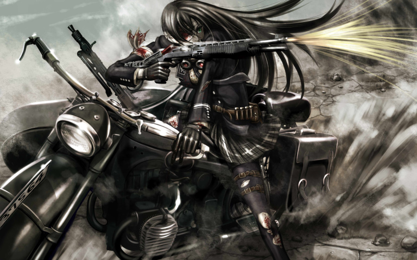 bandages, black_hair, black_legwear, blood, bmw, goggles, green_eyes, gun