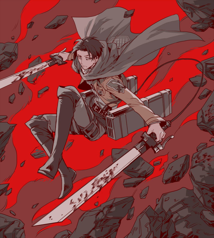 1boy, belt, black_hair, boots, cape, dual_wielding, highres, jacket