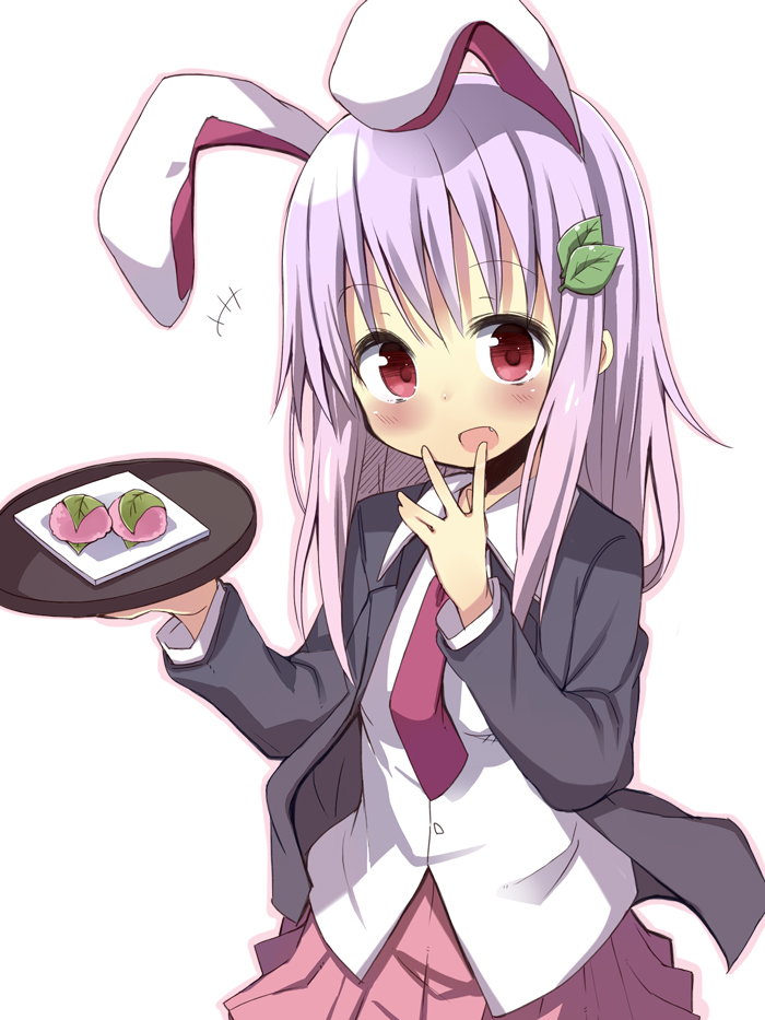 1girl, amaa_(chou_dennou_jidai), animal_ears, blush, food, hair_ornament, hand_to_own_mouth, long_hair