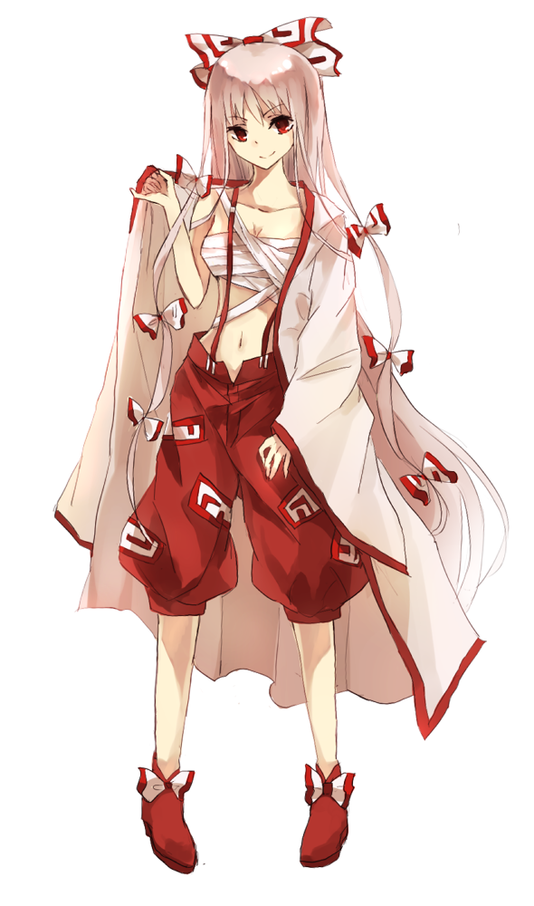 1girl, aeolus, baggy_pants, bandages, coat, fujiwara_no_mokou, full_body, hair_ribbon