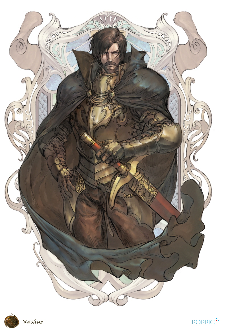 1boy, armor, art_nouveau, beard, belt, brown_hair, cape, character_name, dieselburns, facial_hair, kashue, knight, looking_at_viewer, male, official_art, record_of_lodoss_war, short_hair, solo