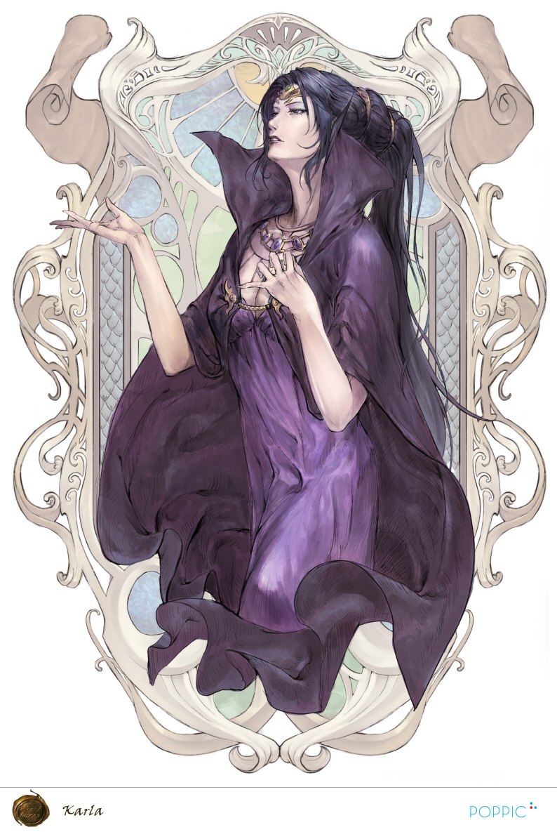 1girl, art_nouveau, black_hair, cape, character_name, dieselburns, dress, hair_ornament, hands, jewelry, karla_(record_of_lodoss_war), lipstick, makeup, necklace, official_art, ponytail, pose, purple_dress, record_of_lodoss_war, witch