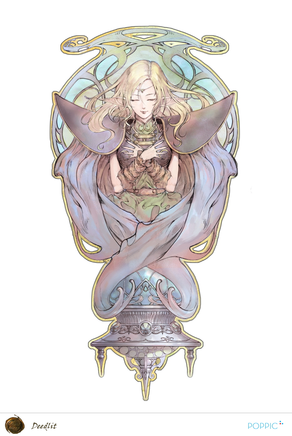1girl, arm_warmers, armor, art_nouveau, belt, blonde_hair, breastplate, cape