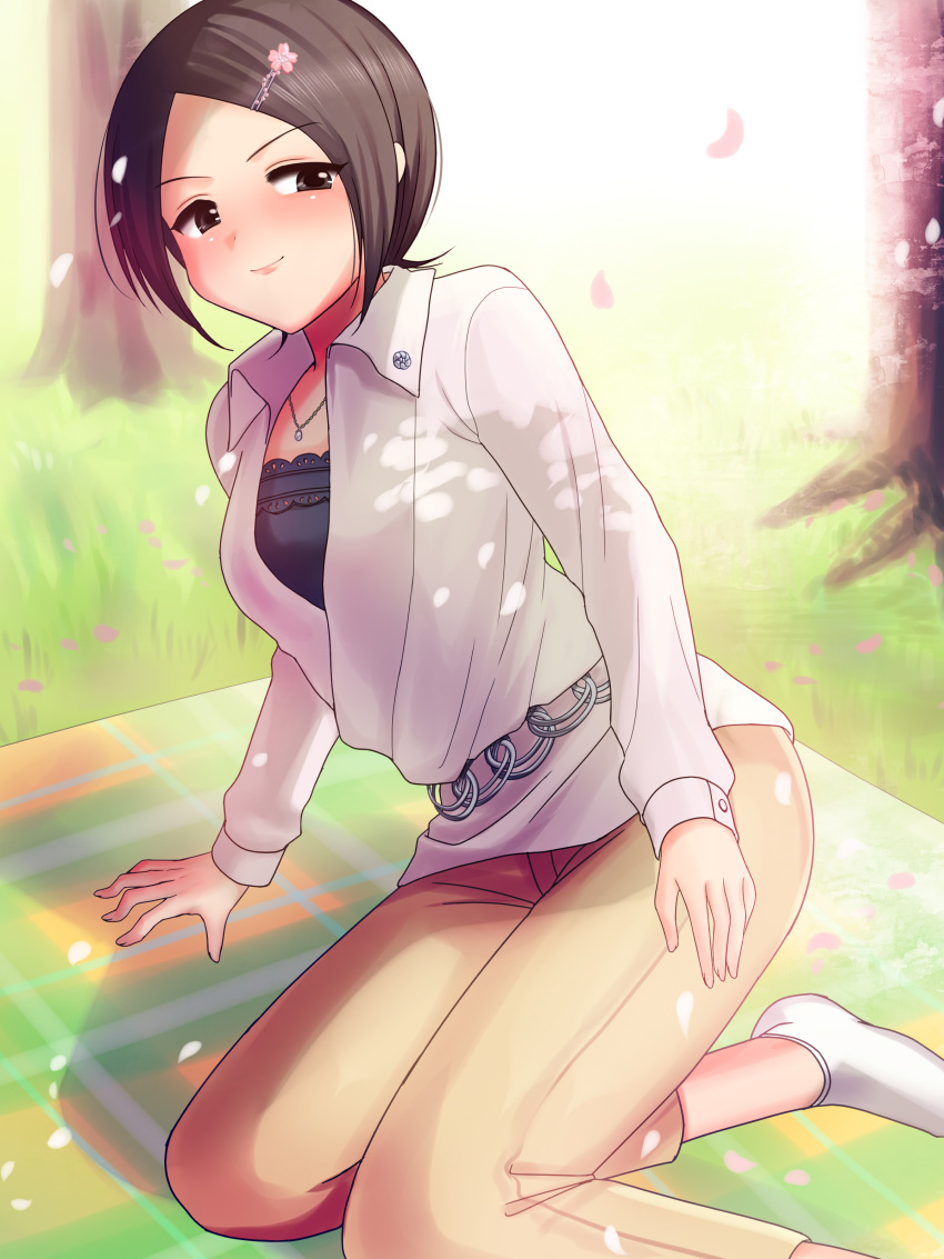 1girl, absurdres, black_hair, brown_eyes, hair_ornament, highres, hitomi_(ricca), idolmaster
