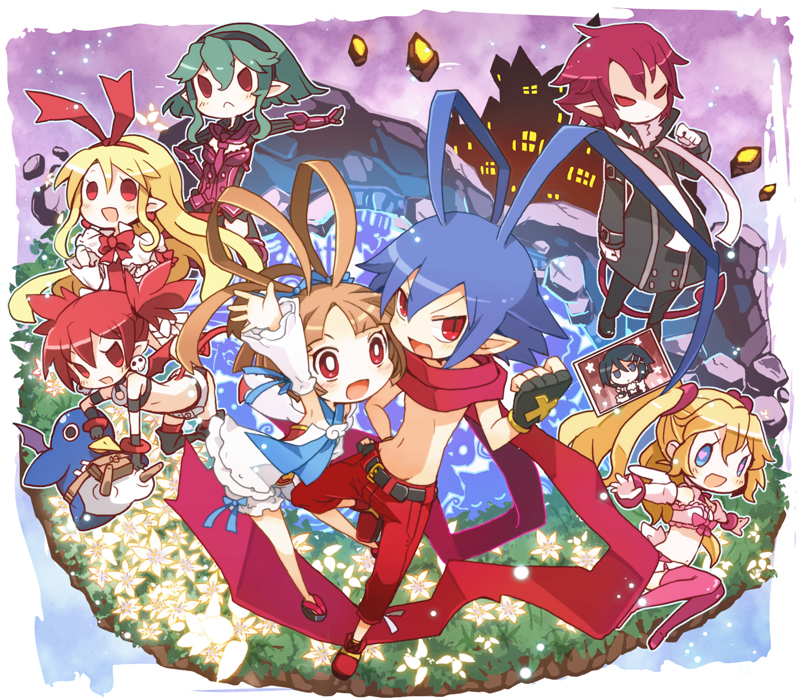 2boys, 6+girls, angel_wings, antenna_hair, armor, asagiri_asagi, barbara_(disgaea), belt