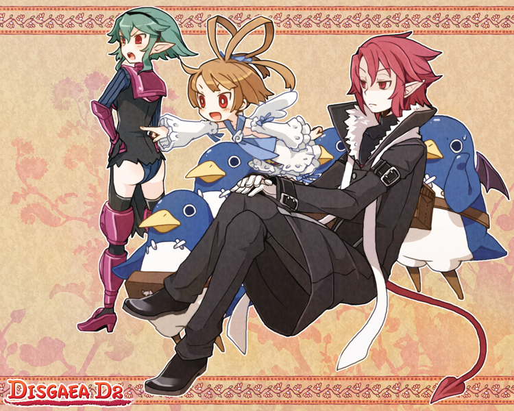 1boy, 2girls, angel_wings, armor, barbara_(disgaea), blonde_hair, blush, bosutafu