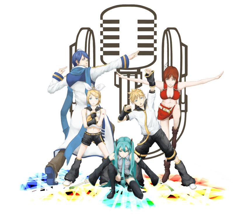 2boys, 3girls, abs, ahoge, anger_vein, annoyed, aqua_eyes, aqua_hair