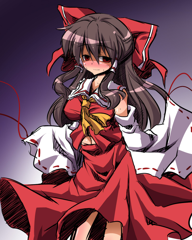 1girl, blush, brown_hair, detached_sleeves, empty_eyes, hair_ribbon, hair_tubes, hakurei_reimu