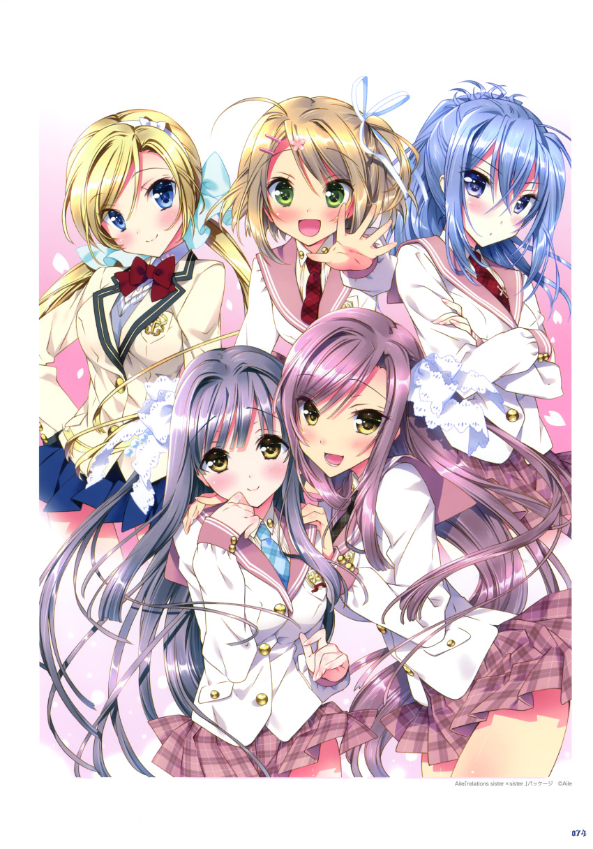 5girls, :d, absurdres, akagi_chisato, akagi_kaori, blonde_hair, blue_eyes, blue_hair, brown_hair, green_eyes, highres, ise_haruka, kamiya_maneki, kirishima_shizuka, multiple_girls, necktie, pink_hair, purple_hair, relations_sisterxsister, school_uniform, siblings, sisters, skirt, tagme, twintails, yamashiro_misa, yellow