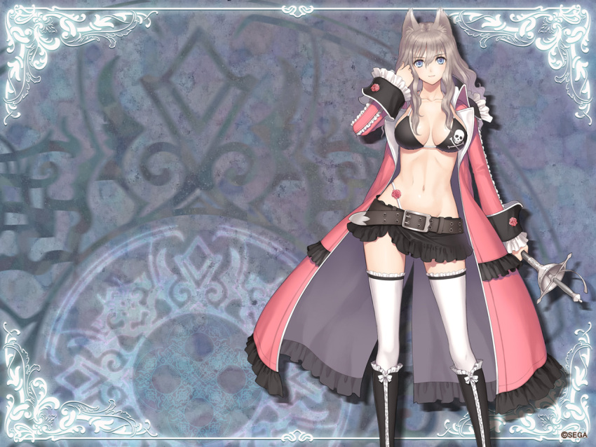 1girl, animal_ears, bikini_top, blue_eyes, breasts, coat, long_hair, miniskirt