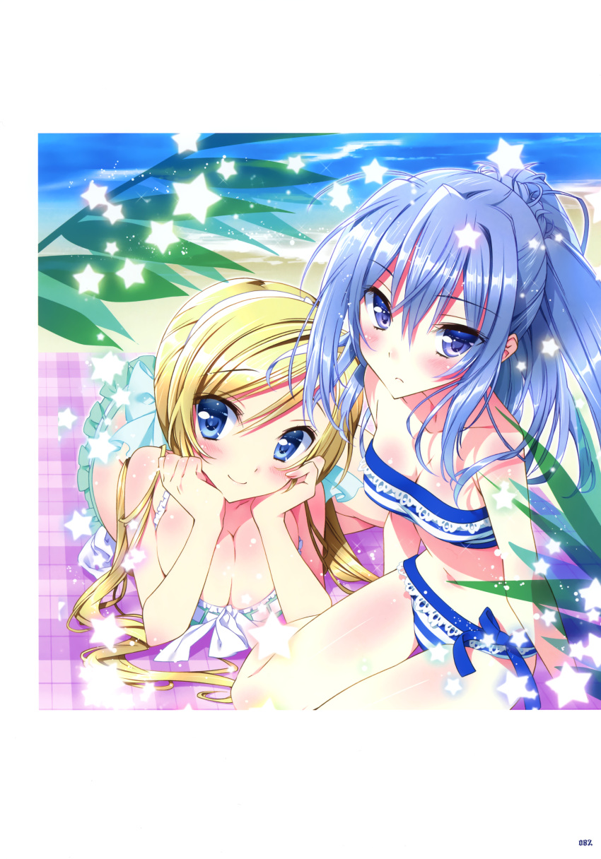 2girls, absurdres, bikini, blonde_hair, blue_bikini, blue_eyes, blue_hair, breasts